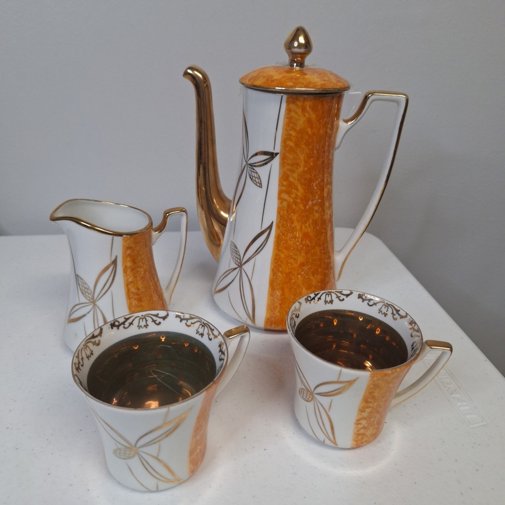Walbrzych Poland Porcelain‎ Coffee Tea Set Gold Trim Orange Floral Mid Century